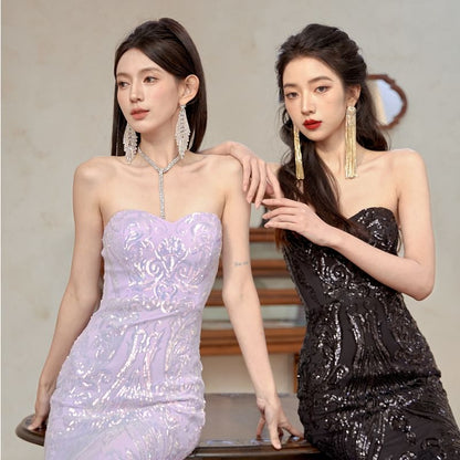 Sequin Patterned Panel Mesh Mermaid Tube Evening Gown