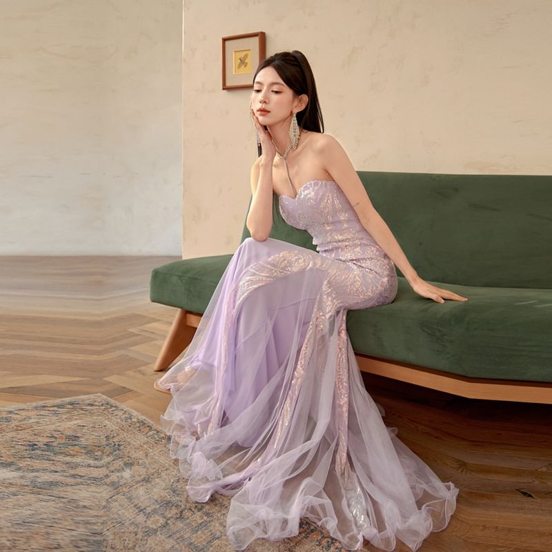 Mesh Patterned Mermaid Tube Panel Gown Sequin Evening