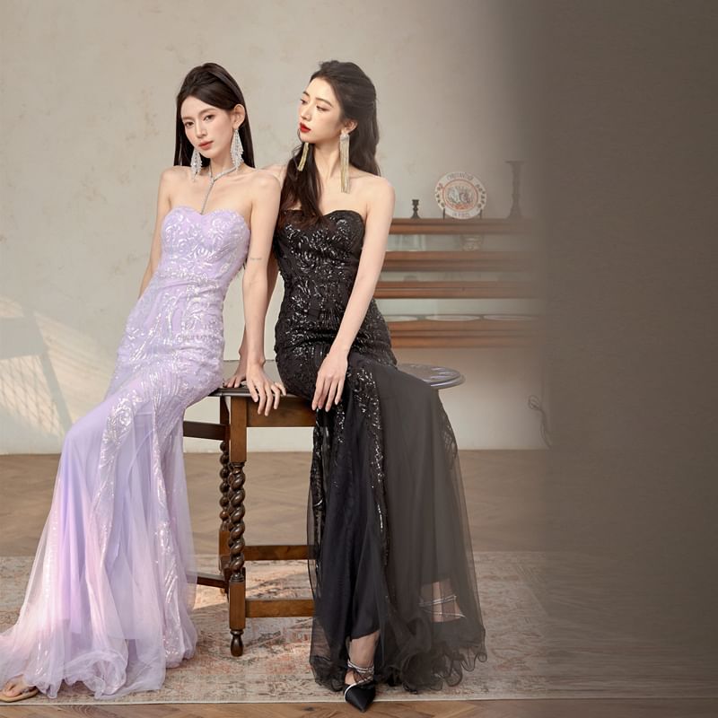 Mesh Patterned Mermaid Tube Panel Gown Sequin Evening