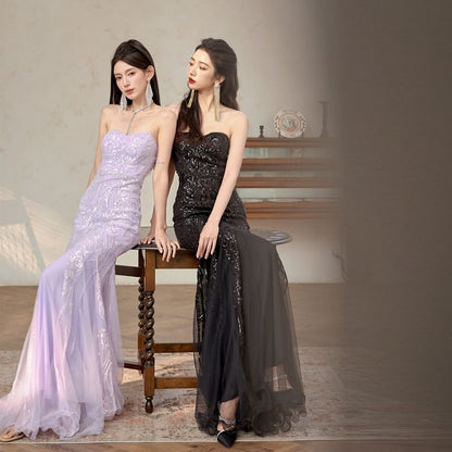 Sequin Patterned Panel Mesh Mermaid Tube Evening Gown