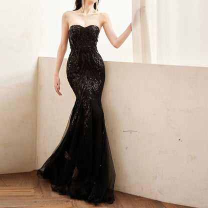Mesh Patterned Mermaid Tube Panel Gown Sequin Evening