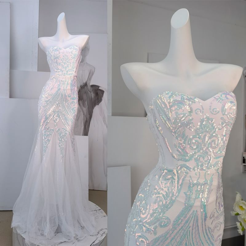 Mesh Patterned Mermaid Tube Panel Gown Sequin Evening