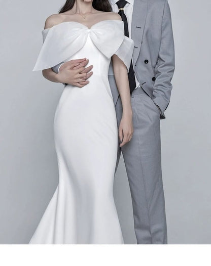 Off Shoulder Plain A-Line Wedding Gown