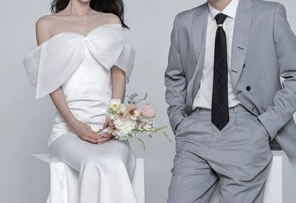 Off Shoulder Plain A-Line Wedding Gown