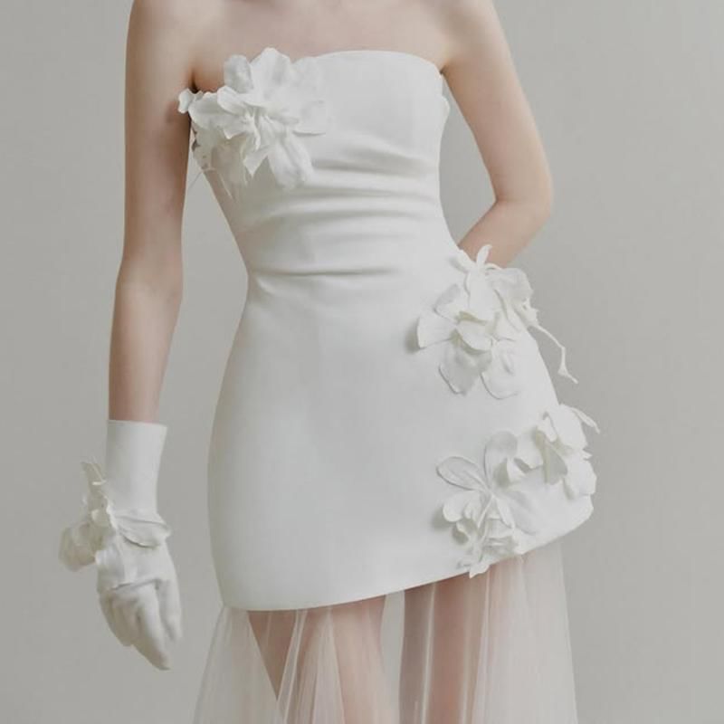 Strapless Floral Accent Mesh Sheath Wedding Gown
