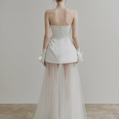 Strapless Floral Accent Mesh Sheath Wedding Gown