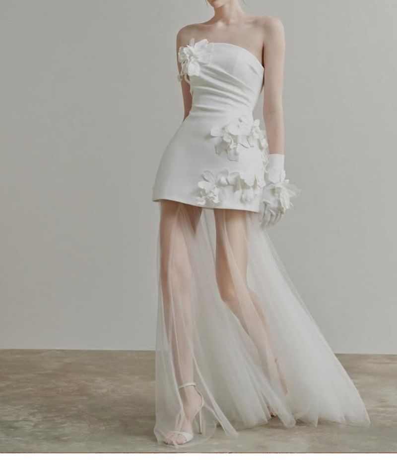 Strapless Floral Accent Mesh Sheath Wedding Gown