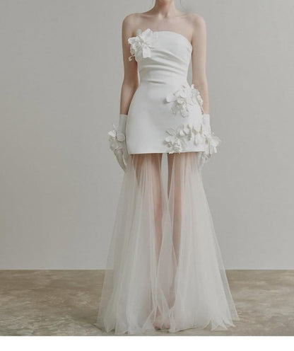 Strapless Floral Accent Mesh Sheath Wedding Gown
