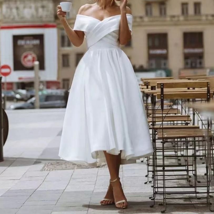 Off Shoulder Plain Midi A-Line Wedding Dress