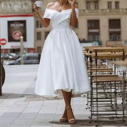 Off Shoulder Plain Midi A-Line Wedding Dress