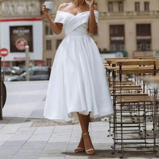 Off Shoulder Plain Midi A-Line Wedding Dress