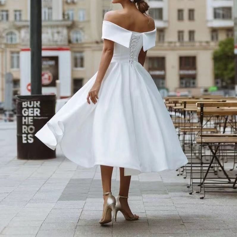 Off Shoulder Plain Midi A-Line Wedding Dress