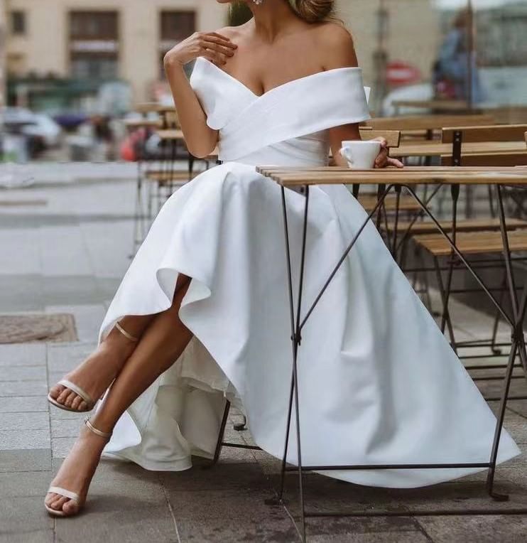 Off Shoulder Plain Midi A-Line Wedding Dress