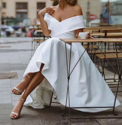Off Shoulder Plain Midi A-Line Wedding Dress