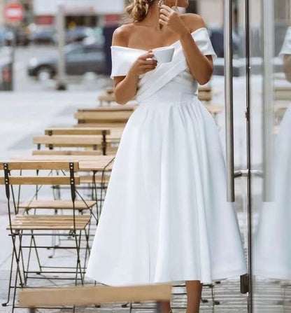 Off Shoulder Plain Midi A-Line Wedding Dress