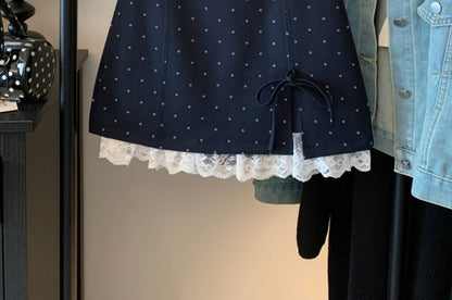 High Waist Lace Panel Bow Accent Mini A-Line Skirt