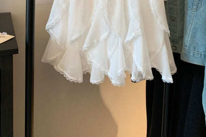 High Waist Plain Lace Trim Ruffle Mini A-Line Skirt