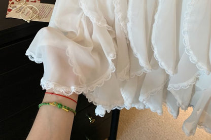 High Waist Plain Lace Trim Ruffle Mini A-Line Skirt