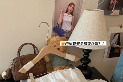 High Waist Plain Lace Trim Ruffle Mini A-Line Skirt