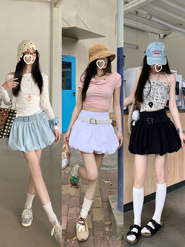 Set: High Waist Plain Paperbag Mini Skirt + Belt