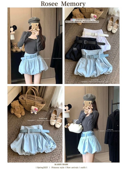 Set: High Waist Plain Paperbag Mini Skirt + Belt