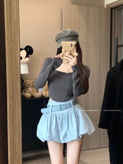Set: High Waist Plain Paperbag Mini Skirt + Belt