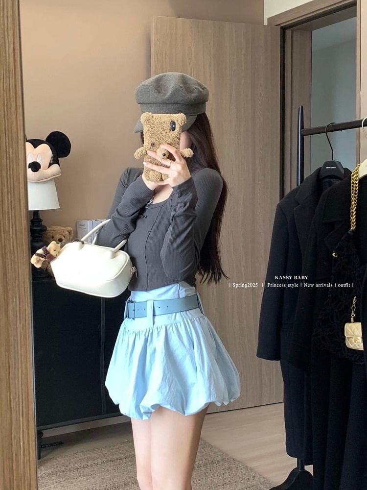 Set: High Waist Plain Paperbag Mini Skirt + Belt