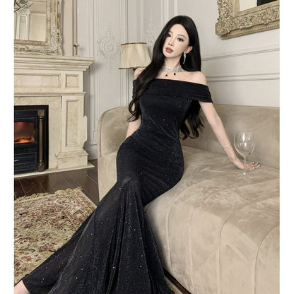 Off-Shoulder Glitter Mesh Mermaid Evening Dress