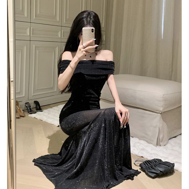 Off-Shoulder Glitter Mesh Mermaid Evening Dress