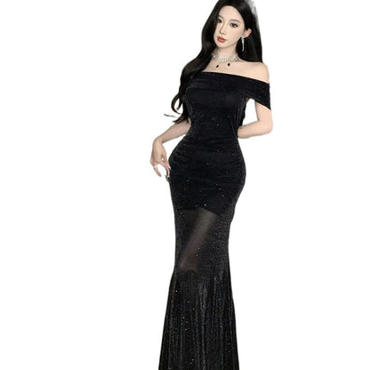 Off-Shoulder Glitter Mesh Mermaid Evening Dress