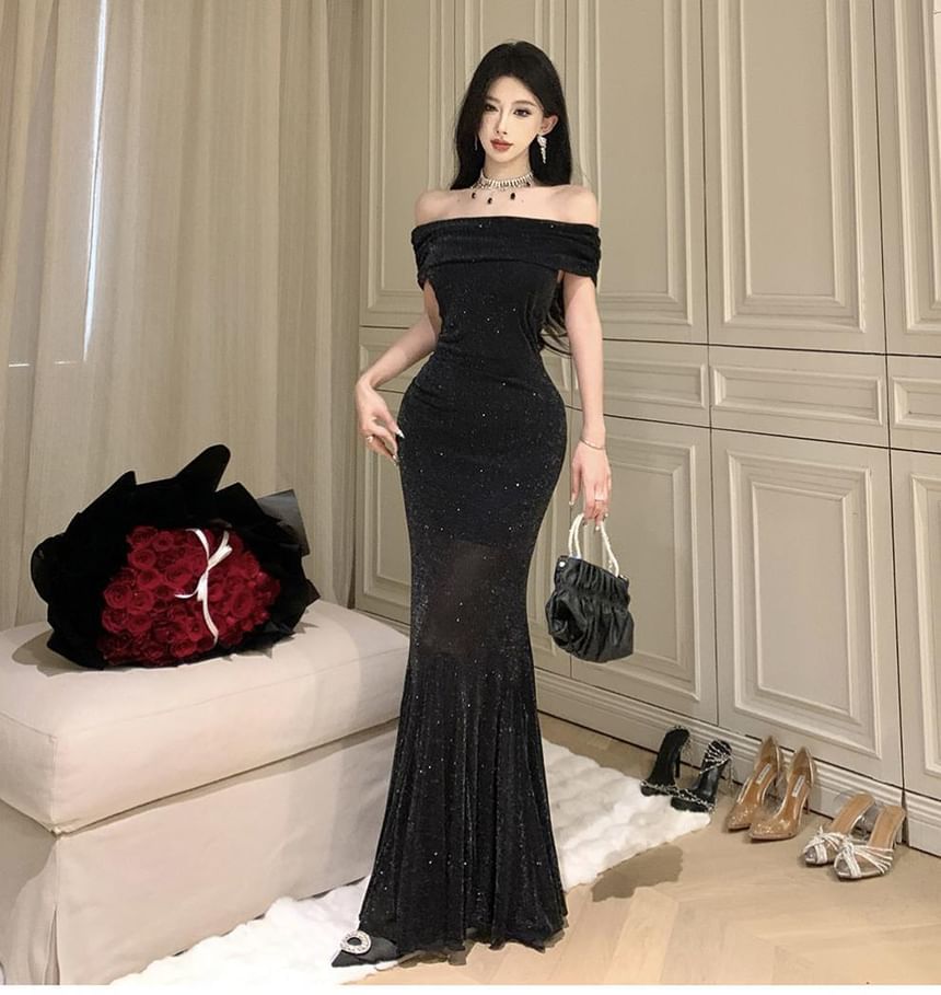 Off-Shoulder Glitter Mesh Mermaid Evening Dress