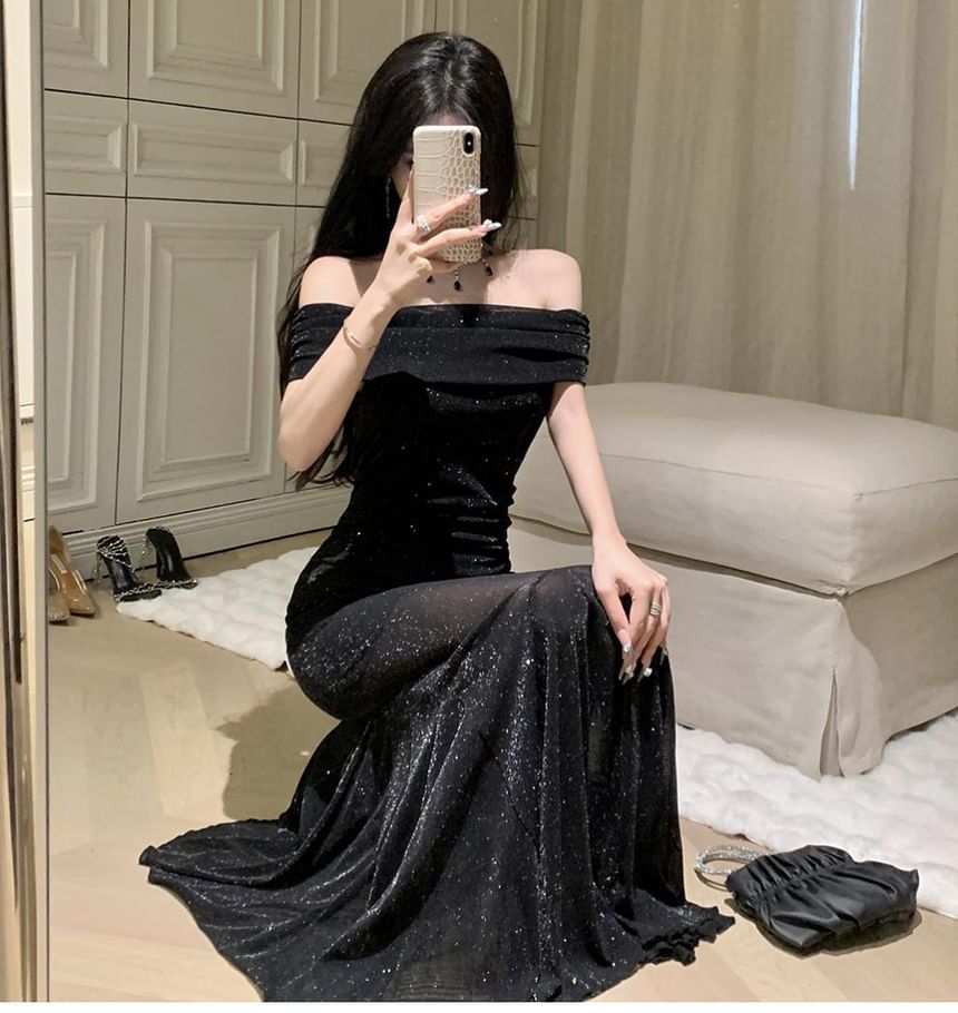 Off-Shoulder Glitter Mesh Mermaid Evening Dress