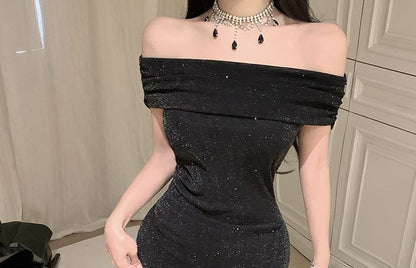 Off-Shoulder Glitter Mesh Mermaid Evening Dress