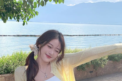 Crew Neck Perforated Button-Up Plain Crop Cardigan