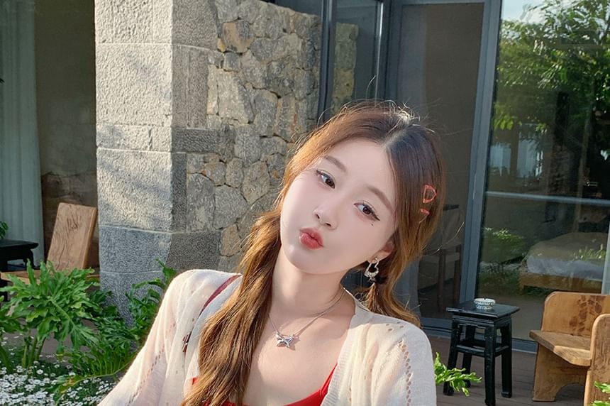 Crew Neck Perforated Button-Up Plain Crop Cardigan