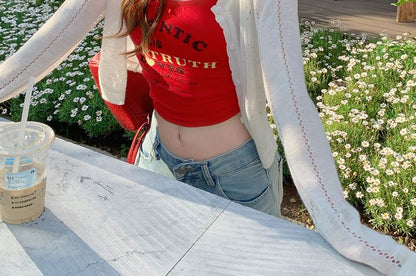 Crew Neck Perforated Button-Up Plain Crop Cardigan