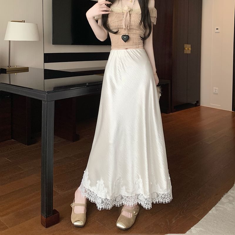 High Rise Lace Panel Satin Midi A-Line Skirt