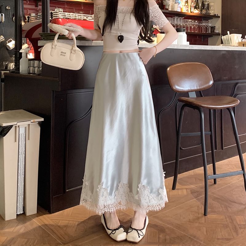 High Rise Lace Panel Satin Midi A-Line Skirt