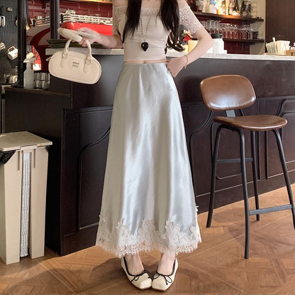 High Rise Lace Panel Satin Midi A-Line Skirt