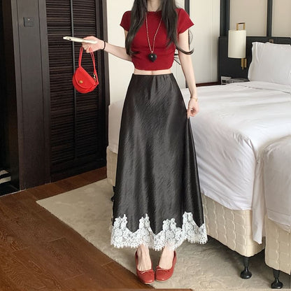 High Rise Lace Panel Satin Midi A-Line Skirt