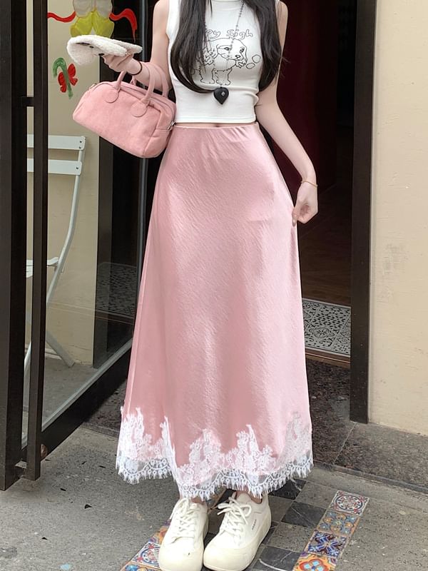 High Rise Lace Panel Satin Midi A-Line Skirt