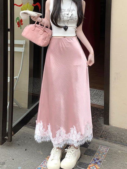 High Rise Lace Panel Satin Midi A-Line Skirt