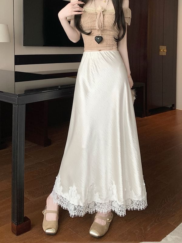 High Rise Lace Panel Satin Midi A-Line Skirt