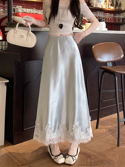 High Rise Lace Panel Satin Midi A-Line Skirt