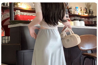 High Rise Lace Panel Satin Midi A-Line Skirt