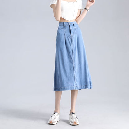 High Waist Denim Midi A-Line Skirt