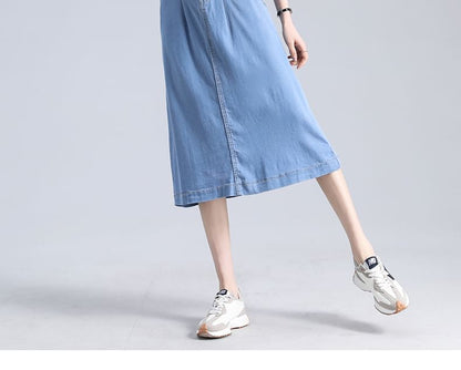 High Waist Denim Midi A-Line Skirt