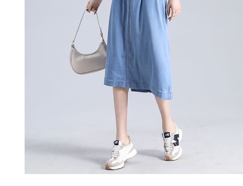 High Waist Denim Midi A-Line Skirt