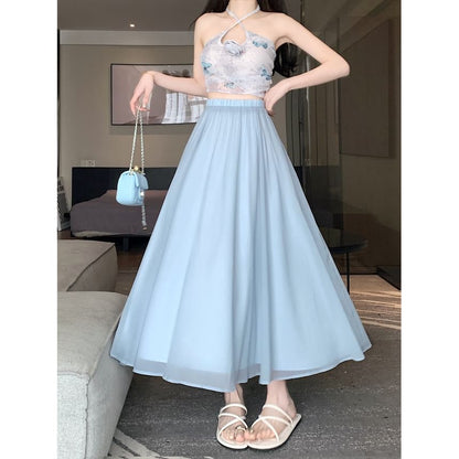 High Rise Plain Mesh Midi A-Line Skirt