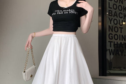 High Rise Plain Mesh Midi A-Line Skirt
